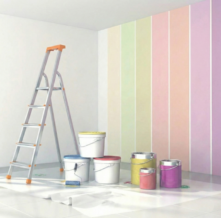 Malerbetrieb Staudenmeir – Leiter, Farbeimer und bunte Farbstreifen als Symbol für professionelle Malerarbeiten